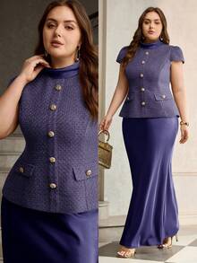ZEYLAH Set de 2 piezas: Top elegante de patchwork de tweed y falda de sirena de satén - Azul Marino - Ver 7
