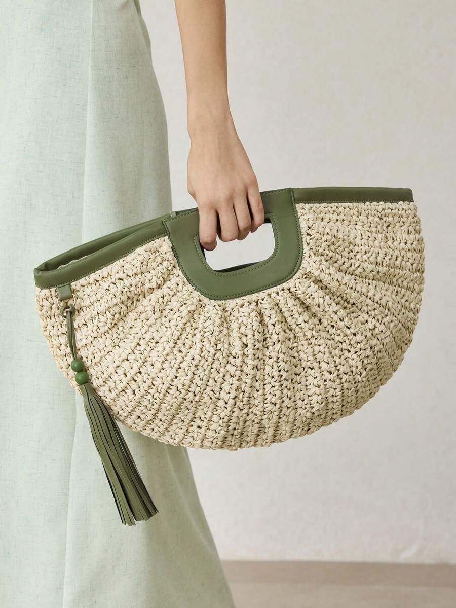 MOTF WOMEN'S HANDBAG, WOVEN FRINGED BAG - Beige - View 1