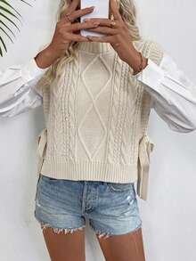 EURMUSE Mock Neck Knot Side Cable Knit Sweater Vest - Beige - View 3