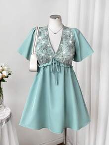 Flirla Elegant Versatile Fashion Embroidered Beaded Floral Patchwork Cinched Waist Dress - Green - View 7