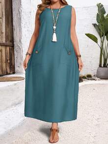 EMERY ROSE Plus Size Women's Solid Color Round Neck Pocket Design Casual Sleeveless Dress - Blue Day - View 3