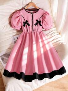 SHEIN Elladie kids 少女可爱学院风圆领粉色蝴蝶结装饰泡泡袖休闲优雅粉色连衣裙 - 粉色 - 查看 9