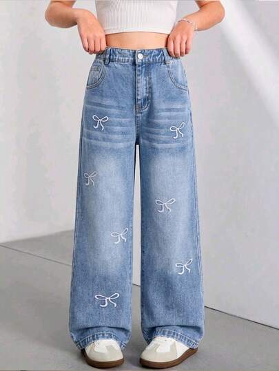 SHEIN Tween Girls Y2K Style Jeans - Vintage Light Wash Denim, Butterfly Embroidery, Relaxed Straight Leg Fit, Soft & Comfortable Fabric, Streetwear, Loose Y2K Wide Leg Jeans, Patterned Jeans, New Arrival For Summer