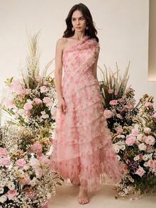 Đầm chữ A không tay in hoa, vai lệch, thích hợp cho đám cưới/Ngày Valentine/kỳ nghỉ biển dành cho nữ. - Màu Hồng baby - Xem 8