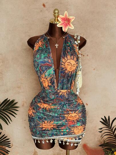 Sunspun 大码时尚度假风贝壳海星流苏饰边撞色印花连衣裙，春夏款