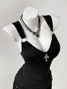 Sunspun Sleeveless Lace Sexy Camisole Top, Spring/Summer - Black - View 6