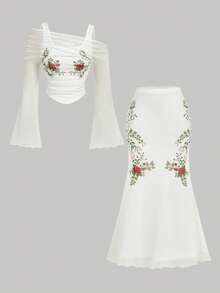 SHEIN MOD 印花T恤搭配修身长裙，优雅两件套女装 - 杏色 - 查看 1