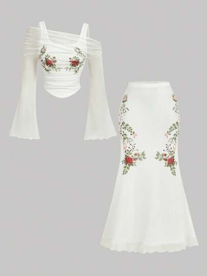 SHEIN MOD Floral Print T-Shirt Paired With Slim Fit Maxi Skirt, Elegant 2-Piece Set For Women