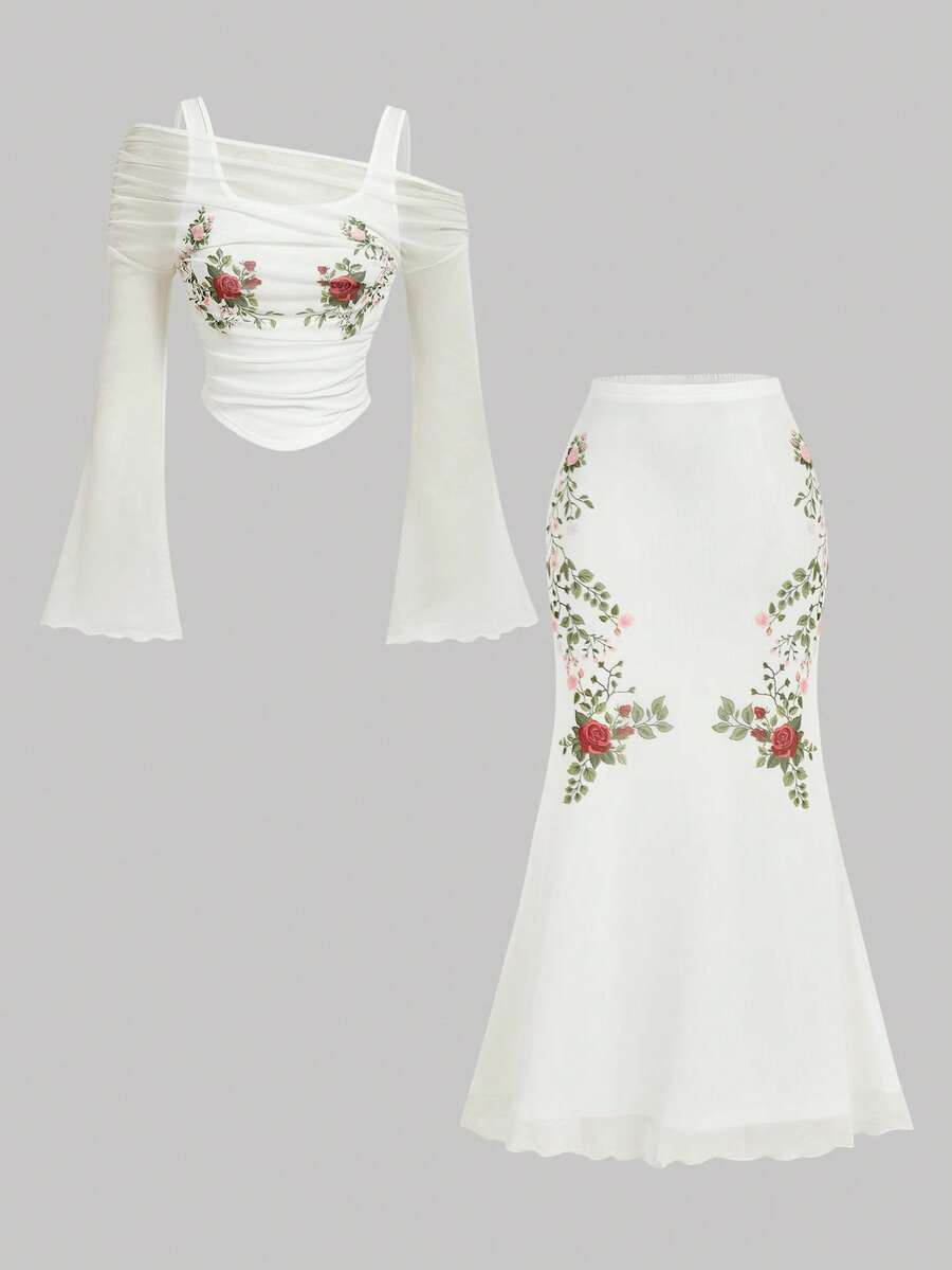 SHEIN MOD 印花T恤搭配修身长裙，优雅两件套女装 - 杏色 - 查看 1