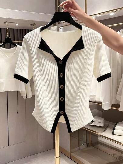 Franclia Elegant T-Shirt, Fashion Commuter Women's T-Shirt, Knitted Black And White Contrast T-Shirt, Versatile Women's T-Shirt, Back To School T-Shirt, Spring/Summer Women's T-Shirt, White Women's T-Shirt