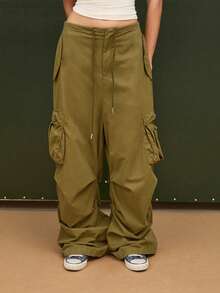 COUREZ Low Rise Parachute Cargo Trousers/ Y2K Summer Clothes For Women Summer Outfits For Women Green Trousers Khaki Trousers Festival Outfits Concert Outfits Spring Outfits For Women - Army Green - View 4