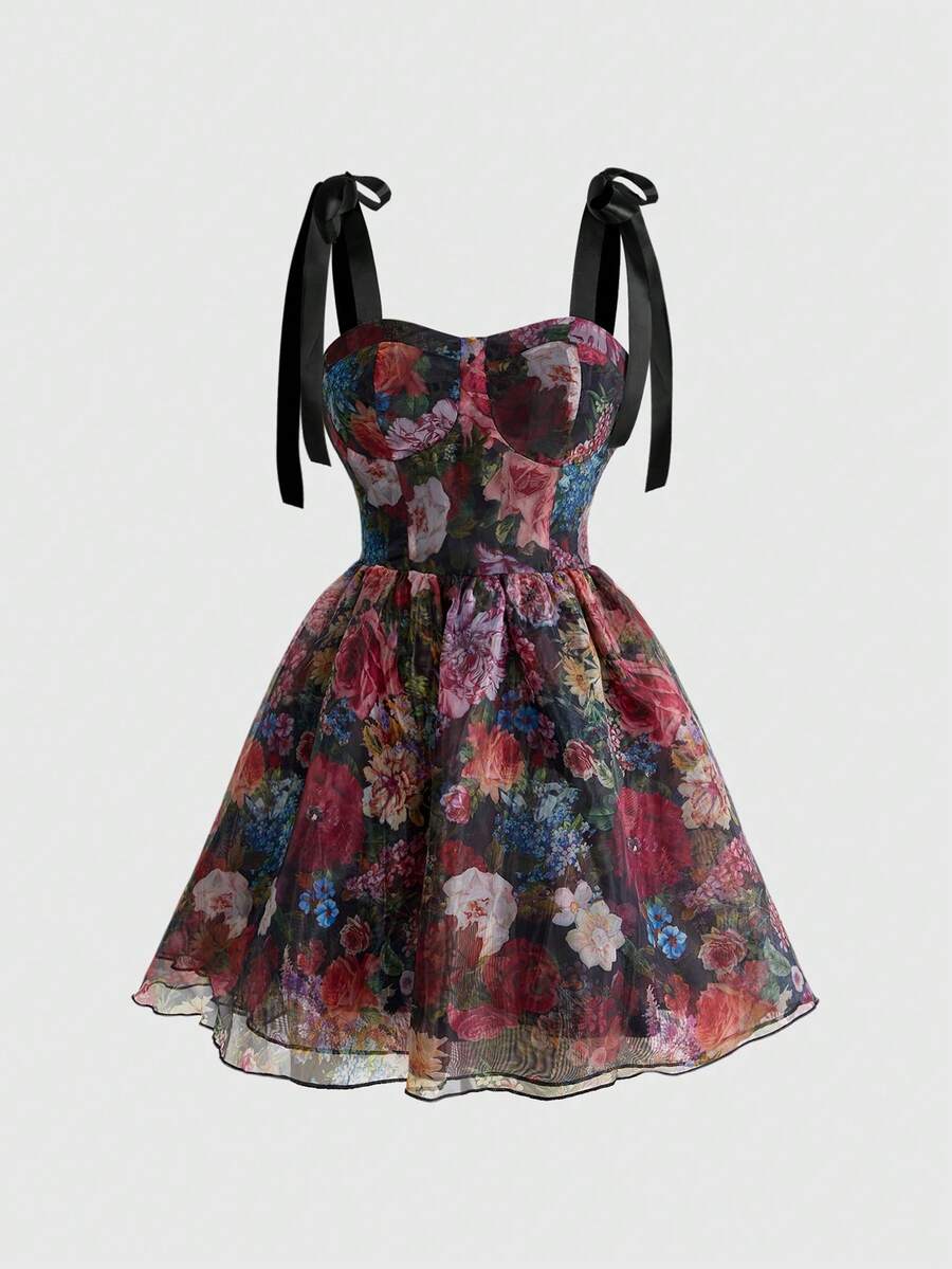 ROMWE Đầm ngắn họa tiết hoa lãng mạn dành cho nữ, thích hợp cho mùa xuân/hè. - Nhiều màu - Xem 1