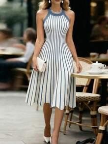 Franclia Women's Elegant Commuter Striped Backless Halter Neck Knit Dress, Summer - Blue and White - View 3