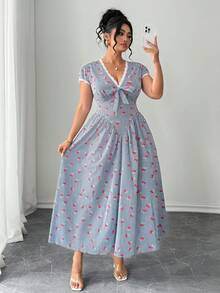 Elenzga Vestido de mujer de talla grande con estilo vintage francés, con estampado de rayas y cerezas, cuello en V, manga corta, cintura ceñida y decoración de lazo, adecuado para primavera/verano, vuelta al colegio, vacaciones, graduación, días festivos, San Valentín, Navidad, festivales de música, Día de la Madre, Halloween, Acción de Gracias, Pascua, Día Nacional, bailes, cumpleaños, citas, fiestas, bodas, actividades al aire libre - Multicolor - Ver 5