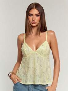 SHEIN BAE Áo hai dây màu vàng có họa tiết dành cho nữ, thích hợp cho đi biển, kỳ nghỉ, dạo phố, lễ hội âm nhạc, mùa xuân/hè. - Màu vàng - Xem 5