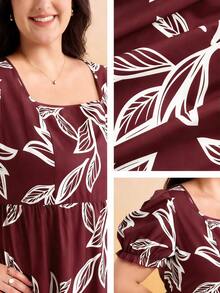 Momelise Große Größen Damen bedrucktes Gewebe Quadratausschnitt Kurzarm A-Linie locker Casual Urlaub Alltag modisch bequem elegantes Kleid, geeignet für Frühling und Sommer - Verschiedenfarbig - Übersicht 4