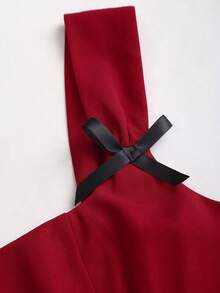 Sweetra 女士新年、万圣节、圣诞节、感恩节服装，红色连衣裙，适合派对、通勤、日常、旅行、度假 - 红色圣诞连衣裙、红色派对连衣裙、夏季连衣裙，优雅连衣裙，撞色领口、蝴蝶结装饰、不对称肩部设计、A字裙摆 - 紅色 - 查看 7