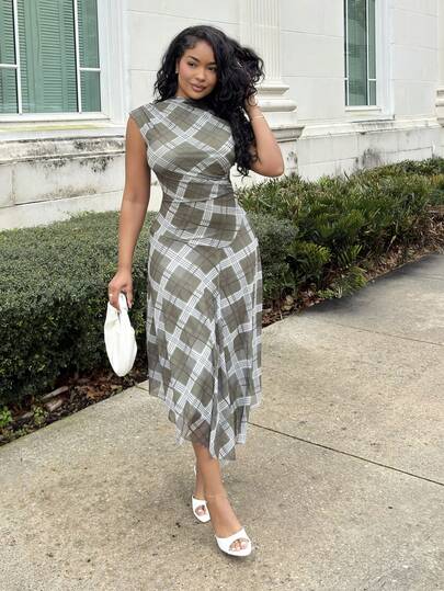 Alexandranx 格子印花圆领插肩短袖女式修身不对称设计休闲连衣裙，都市时尚百搭秋季外套