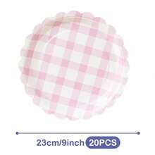 粉白格子花瓣图案一次性餐盘、餐巾纸和杯子套装，可供20位客人使用。这款一次性派对用品套装（包括餐盘、餐巾纸和杯子）非常适合生日派对、婚礼和家庭野餐。 - 查看 8