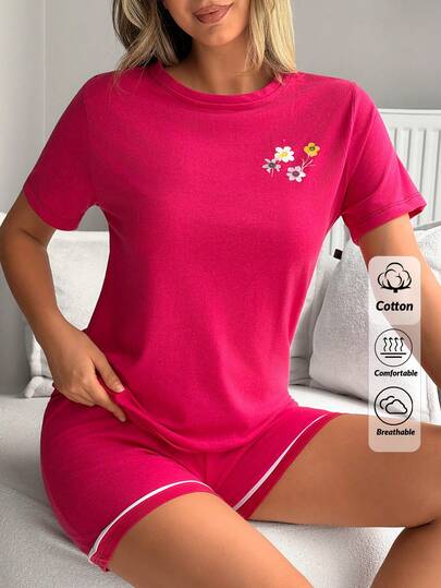 SHEIN 2 Pcs Cottonline Women Cute Little Flowers Patterned Half Sleeve Sleep Top + Sleep Shorts Casual & Cute Comfort Lounge Pajama Set