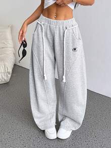 SHEIN PETITE 女士秋冬街头风返校学院风休闲保暖舒适法式灰弹力腰带弧形裤脚阔腿运动裤舒适裤灰色运动裤 - 灰色 - 查看 7