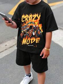 SHEIN Tween Boy Casual Street Style Big Letter Graphic Pullover T-Shirt And Solid Color Shorts 2-Piece Set Summer Outfits Y2k Vacation Tendencias Ss26 Goth Gothic Streetwear Sumwon Burgundy Holiday Vintage Boho Festival Gras Party Cute Birthday Boys Modest Casual Cozy - Multicolor - View 3