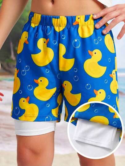 SHEIN Kids/Tween Boys' Casual Versatile Comfortable Yellow Duck Print Loose Patchwork Lining Swim Trunks Beach Shorts Summer Outfits Y2k Vacation Tendencias Ss26 Goth Gothic Streetwear Sumwon Burgundy Holiday Vintage Boho Festival Gras Party Cute Birthday Boys Modest Casual Cozy