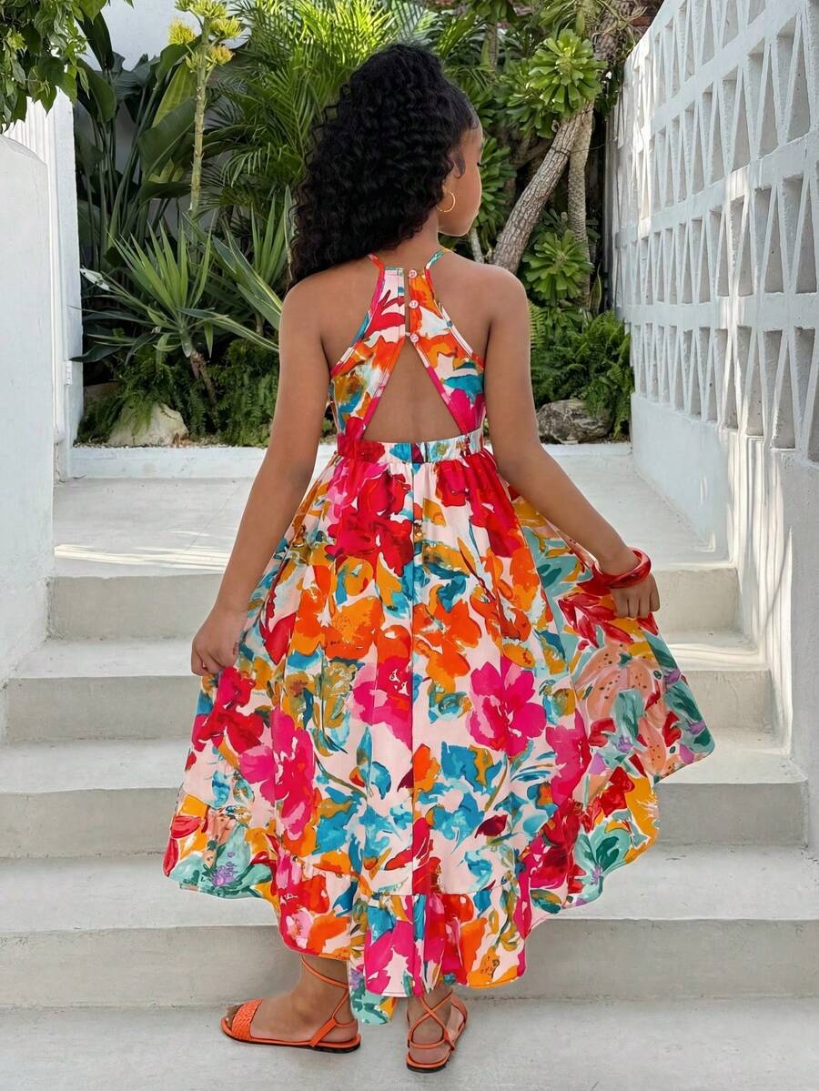 SHEIN 年轻女孩优雅简约露背印花无袖连衣裙 - 粉色 - 查看 1