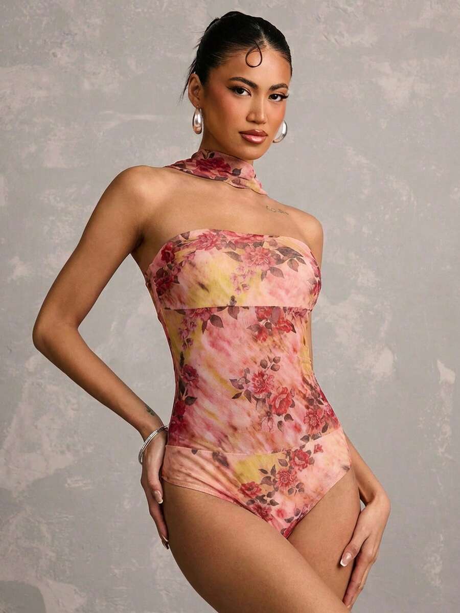 SHEIN BAE Elegant Floral Print Halter Neck Backless Bodysuit, Spring/Summer - Pink - View 1