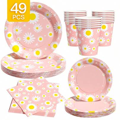 Pink Daisy Garden Disposable Plates, Napkins And Cups Set, Serves 8 Guests.This Disposable Party Set (Including Plates, Napkins And Cups) Is Perfect For Birthday Parties, Weddings And Family Picnics.