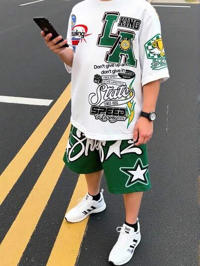 SHEIN 2pcs/Set Teen Boy Casual Minimalist Letter Printed Short Sleeve Crew Neck Outfit, Suitable For Summer, Streetwear