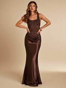 SHEIN BAE 棕色蕾丝拼接缎面腰部性感透视连衣裙，棕色连衣裙，婚礼宾客礼服，蕾丝连衣裙，优雅连衣裙 - 棕色 - 查看 3