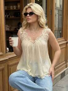 Dripcurv 大码女式夏季奶油黄色蕾丝边饰上衣，休闲度假上衣，宽松A字版型，夏季，度假女装，夏季蕾丝边饰上衣，奶油色女式上衣 - 卡其色 - 查看 3