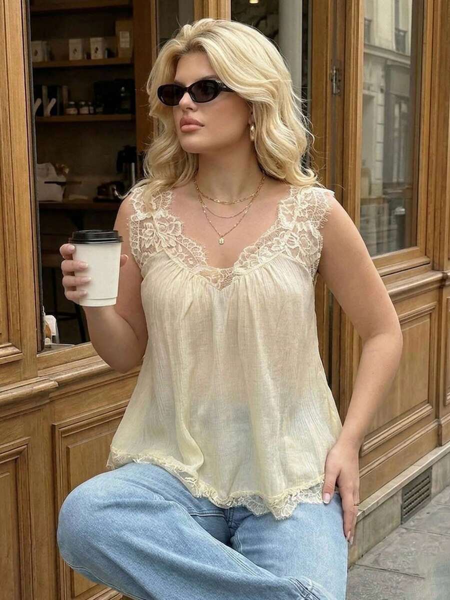 Dripcurv Áo kiểu nữ cỡ lớn màu vàng kem viền ren, áo kiểu thường ngày đi nghỉ mát, dáng chữ A rộng rãi, áo mùa hè, áo đi nghỉ mát cho nữ, áo mùa hè viền ren màu kem cho nữ - Màu Khaki - Xem 1