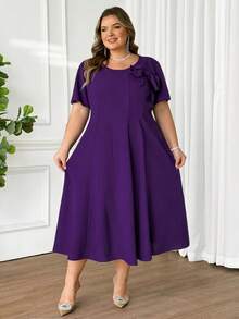 SHEIN CURVE+ Đầm dài ngang gối thanh lịch cổ tròn tay ngắn, màu trơn, trang trí nơ, dành cho nữ cỡ lớn. - Màu tím - Xem 5