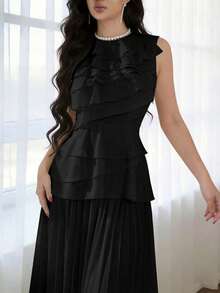 Heiryn Women's Sleeveless Ruffle Tiered A Line Long Dress Elegant Classy Pleated Maxi Dress In Black For Evening Party Dinner Summer - Black - View 6