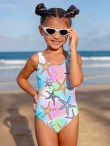 女童海星鱼鳞印花宽肩带露背连体泳衣，圆领设计，时尚休闲，优雅大方，适合游泳、夏季度假和海滩穿着。 - 彩色 - 查看 1