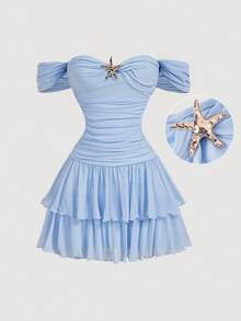 SHEIN MOD 女士针织网纱露肩修身迷你连衣裙，浅蓝色连衣裙 - 淺藍色 - 查看 4