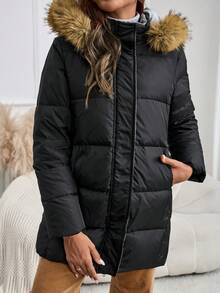 SHEIN LUNE 女士服装 女士连帽毛领纯色拉链连帽加厚冬季羽绒羽毛大衣 - 黑色 - 查看 3