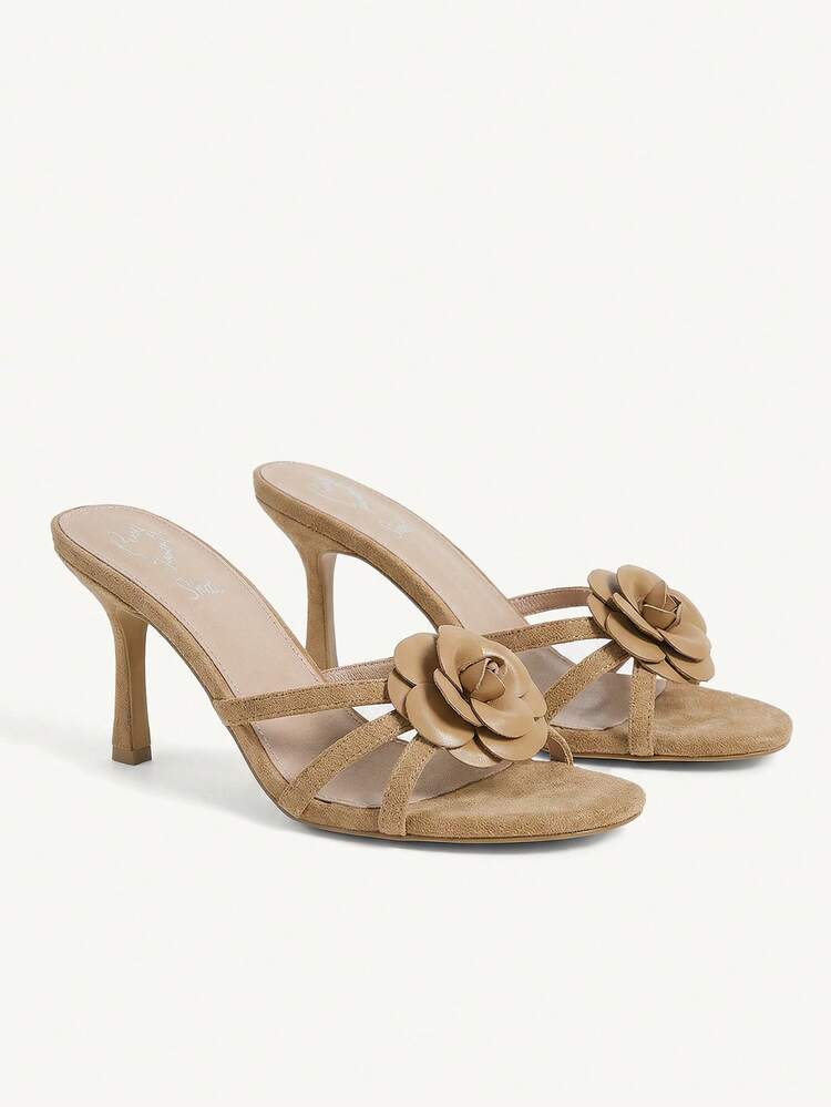 Women's Outdoor Round Toe Thin High Heel Brown Mules, Suede Flower Details Fashionable And Simple Style