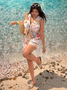 SHEIN EZwear 大尺碼女款白色夏季波西米亞風海灘度假太陽臉印花前綁帶無袖上衣與短褲套裝，夏威夷度假穿搭 2 件式海灘套裝 - 彩色 - 查看 4