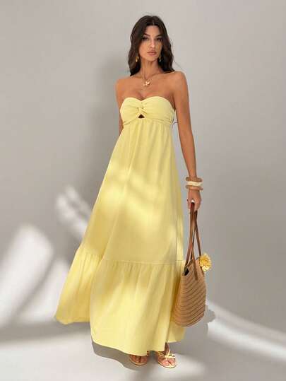 SHEIN Tall Vestido largo sin tirantes de estilo bohemio, color amarillo girasol, primavera/verano, vestido amarillo mantequilla