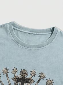 ROMWE MEN Street Life Camiseta de tirantes con estampado de cruz gótica y copos de nieve lavados para hombre - Celeste - Ver 3