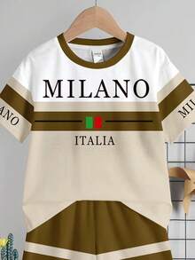 SHEIN Young Boy Casual Simple T-Shirt Set, Classic Italian Milan Text Graphic Print, Striped Pattern Print - Multicolor - View 5