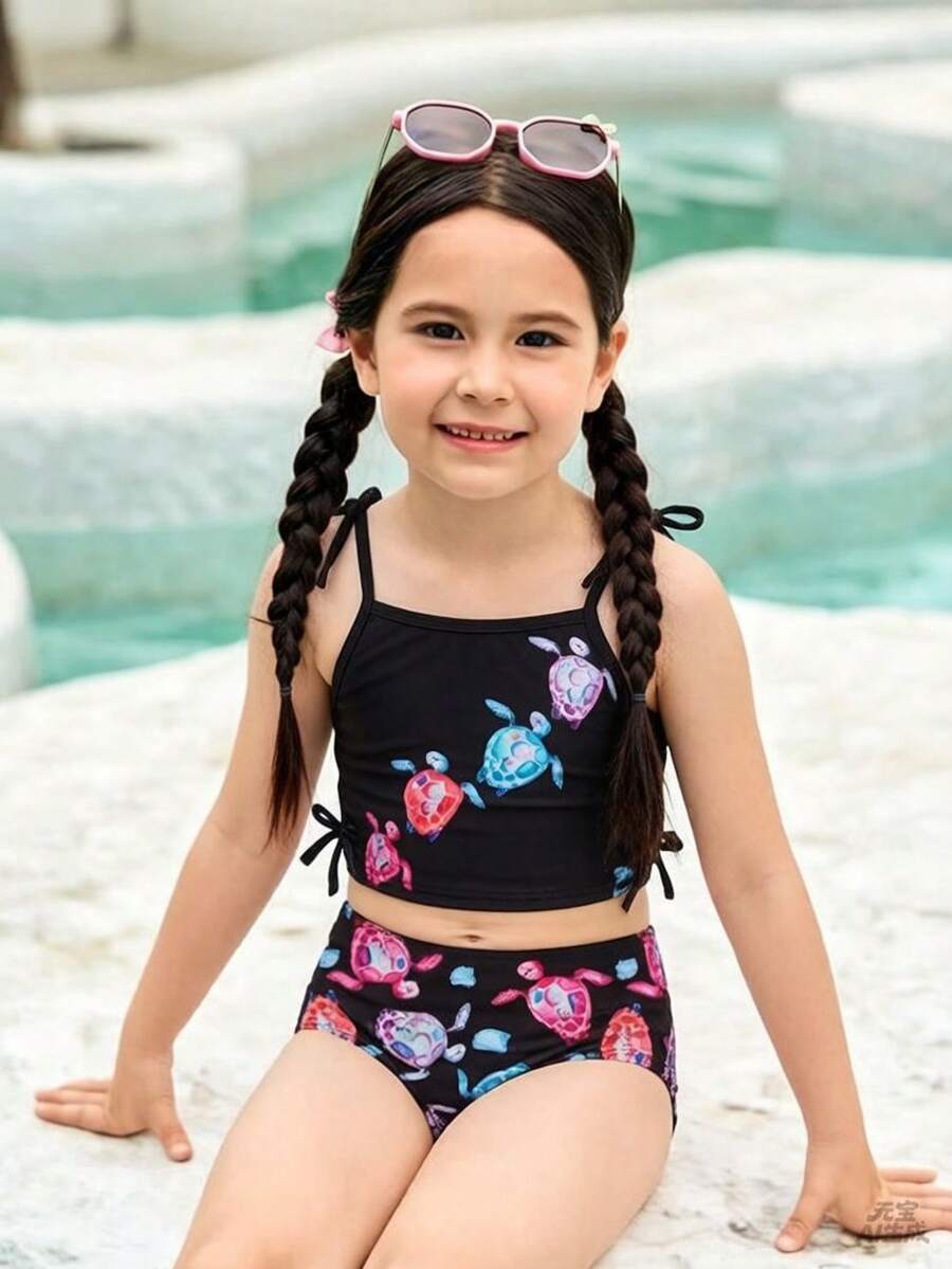 2pcs/Set Girls Turtle Print Swimsuit, Includes Turtle Print Tankini Top And Turtle Print Swimshorts, Suitable For Beach Vacation - Multicolor - View 1