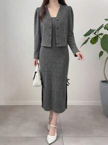 FRIFUL 2pcs Women Minimalist Commuter Front Button Jacket And Side Slit Dress Set - Grey - View 1
