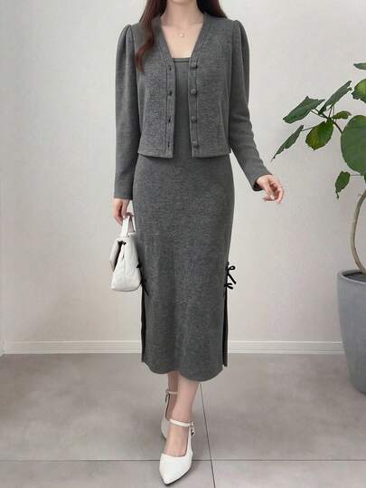 FRIFUL 2pcs Women Minimalist Commuter Front Button Jacket And Side Slit Dress Set