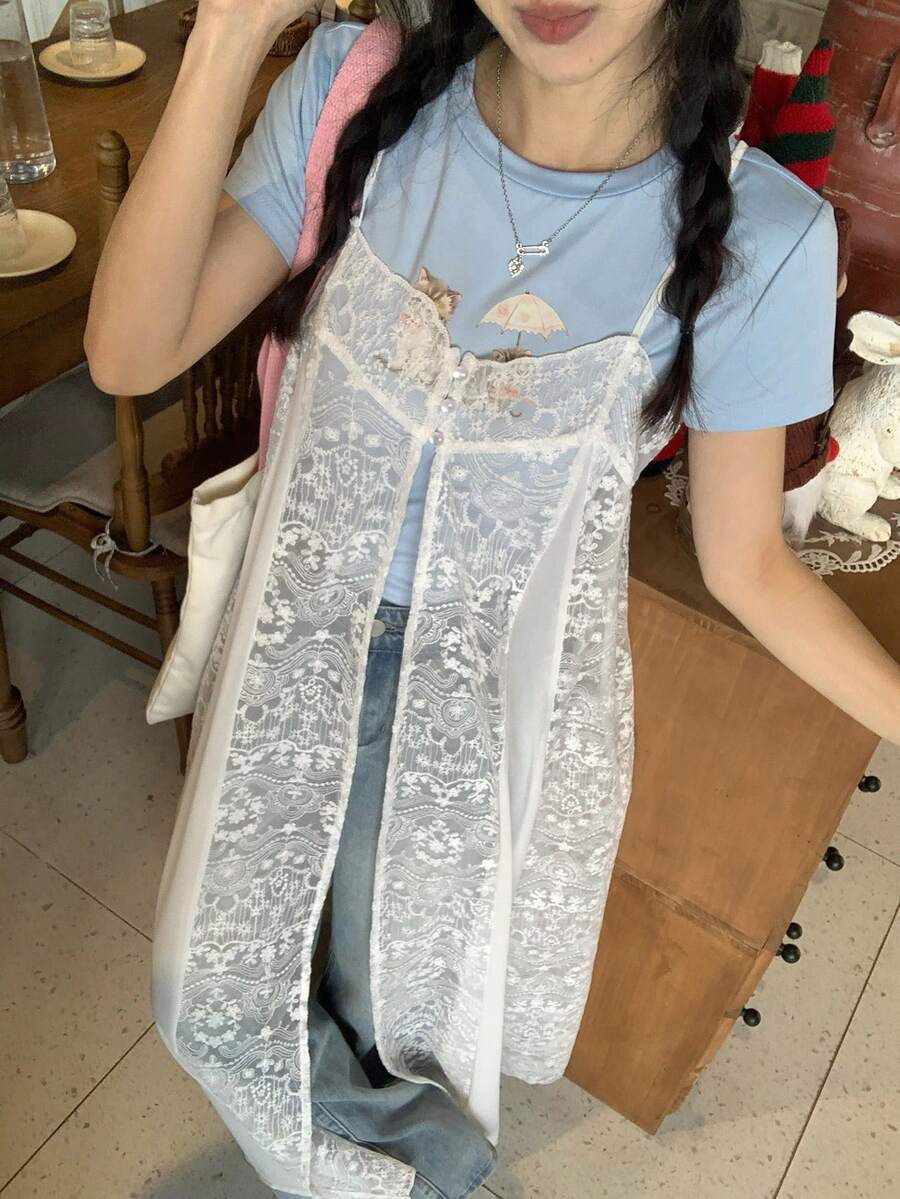 Livesso 吊带蕾丝女式时尚上衣，侧开衩 - 白色 - 查看 1