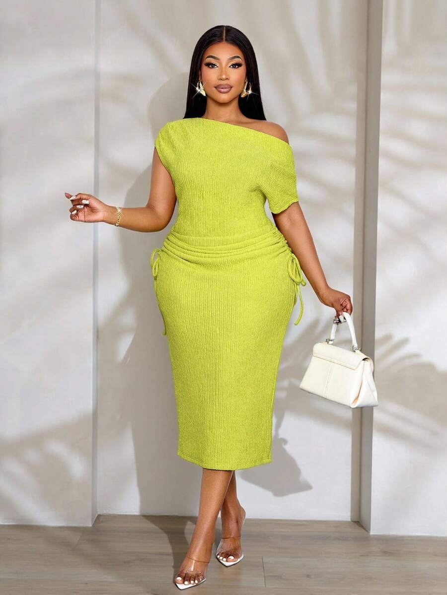 SOLERSUN Plus Size Women's Sage Green Elegant Summer Dress, Textured Asymmetrical Neckline Drawstring Pleats Mid-Length Wedding Guest Bridesmaid Dress - Green - View 1