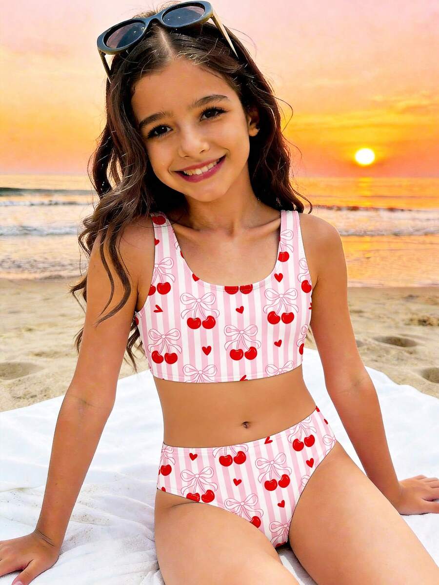 Bộ đồ bơi tankini kiểu dáng cổ điển dễ thương, kẻ sọc hồng, in hình nơ và quả anh đào, dành cho bé gái tuổi teen, phong cách tối giản, thích hợp cho mùa hè. - Nhiều màu - Xem 1